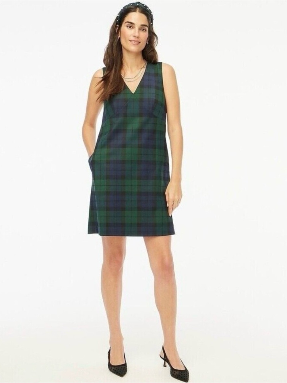 J. Crew Sleeveless Plaid V-Neck Dress in Green and Navy